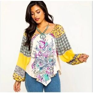 Free People Positano Printed Silky Mix Print Floral Off-Shoulder Boho Peasant Bl